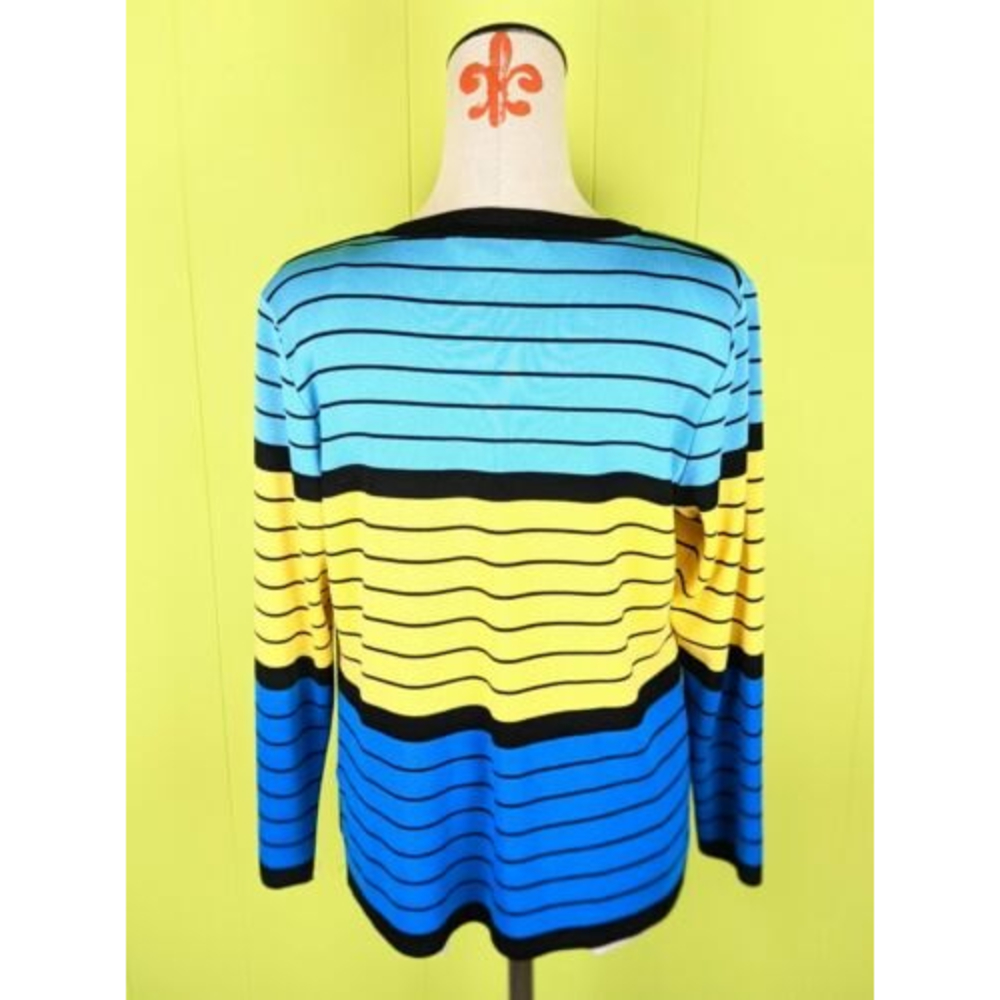 Exclusively Misook Womens M Blue Yellow Striped Acrylic Open Cardigan Sweater - Picture 4 of 12